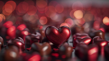 A red heart is surrounded by multiple chocolate hearts in various sizes, creating a sweet and romantic displayの素材