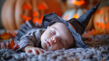 A small baby wearing a witches hat sleeps peacefully on a cozy blanketの素材