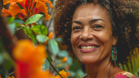 A woman with curly hair smiling directly at the camera, displaying a joyful expressionの素材