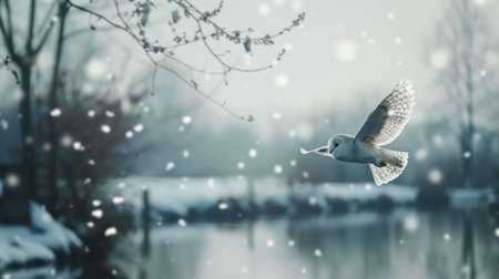 A white bird soars gracefully over a reflective body of waterの素材