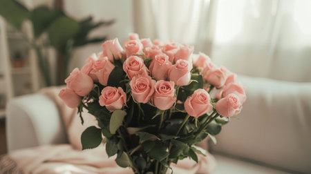 A cluster of pink roses arranged in a bouquet, resting on a wooden table surfaceの素材