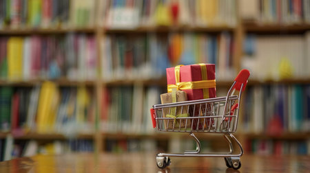 A shopping cart overflowing with colorful presents sits in front of a bookshelfの素材