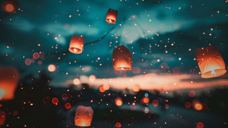 Several lanterns hanging in the sky, floating gracefullyの素材