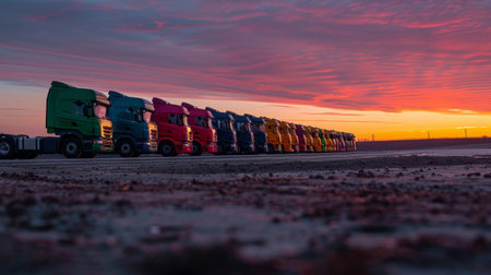 A line of commercial semi trucks parked side by side in a parking designated area, creating a uniform and organized displayの素材
