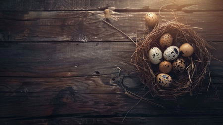 A bird nest filled with eggs sitting on top of a wooden tableの素材