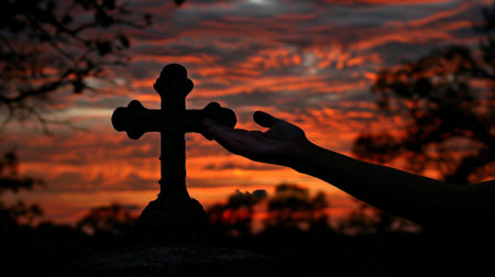 A person standing outdoors, holds a cross in front of a vivid sunsetの素材