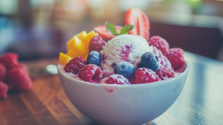 Bowl of assorted fresh berries, tropical fruits, and a scoop of vanilla ice cream, sprinkled with sugar.の素材