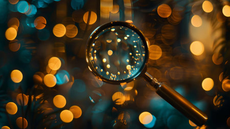 A detailed view of a magnifying glass with bright lights shining in the background, creating a visually striking compositionの素材