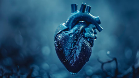 A blue heart-shaped ornament hanging from the side of a tree trunk in a woodland settingの素材