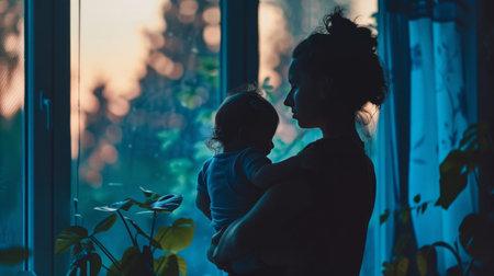 A woman is holding a child in her arms while standing in front of a windowの素材