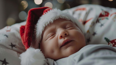 A baby in a red and white Santa hat peacefully lays on a comfortable bedの素材