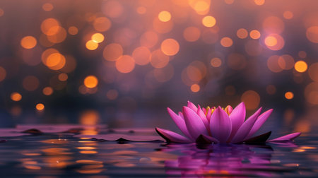 A solitary pink water lily centered on a tranquil water surface with glowing bokeh lights.の素材