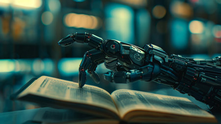 A robot hand holds an open book in front of a blurry backgroundの素材