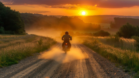 A person is seen riding a motorcycle down a dusty dirt road in a rural areaの素材