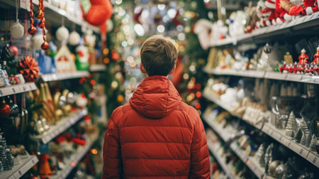 A person wearing a red jacket stands outside, gazing at the colorful Christmas decorations on displayの素材