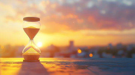 An hourglass resting on a wooden table, symbolizing the passage of timeの素材