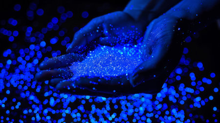 A person holding a bright, glowing object in their hands, illuminating their surroundingsの素材