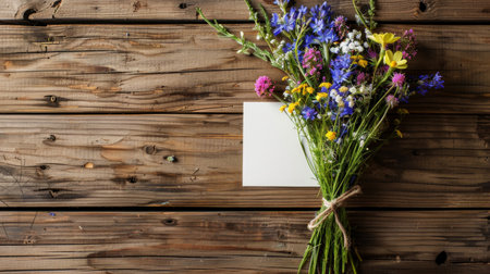 A vibrant wildflower bouquet tied with twine beside a blank card on a rustic wooden background.の素材