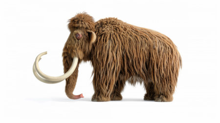 Highly detailed, realistic rendering of an extinct woolly mammoth on a white background.の素材