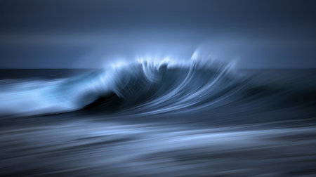 Long exposure of a cresting wave under a dark blue moody sky, capturing the fluidity and power of the ocean.の素材