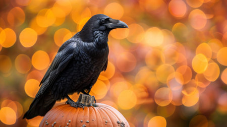 A glossy black raven perched on an orange pumpkin against a bokeh autumn background.の素材
