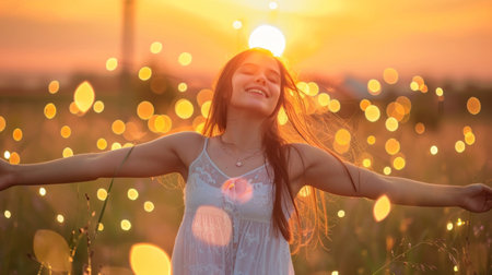 Joyful young girl with arms outstretched, embracing the warm light of a sunset in a bokeh-lit field.の素材