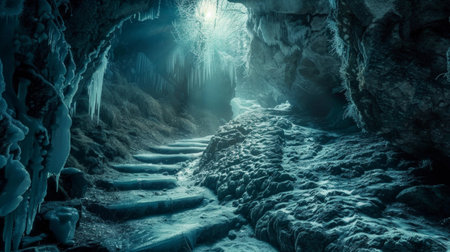 A cave filled with icy stalactites and snow-covered rocks, creating a frozen wonderland of cold beauty deep undergroundの素材