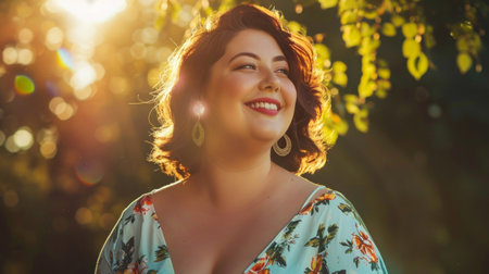 A woman is smiling as she stands in front of a tree, enjoying the outdoorsの素材