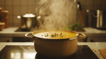 A pot of soup cooking on a stove, steam rising from it.の素材
