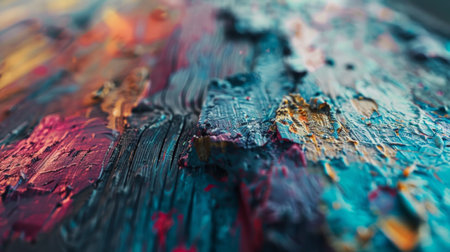 Close-up of a colorful and textured oil painting with vivid blue and red strokes.の素材