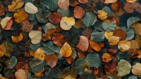 A close-up view of colorful fallen leaves floating on calm water, capturing the essence of autumn.の素材