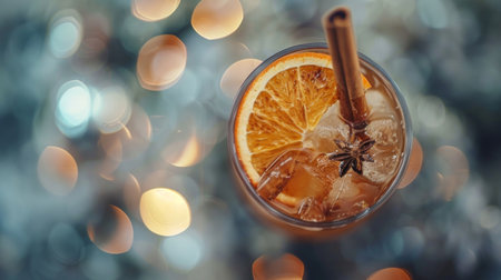 Close-up of a spiced orange cocktail with cinnamon and star anise, perfect for festive celebrations.の素材