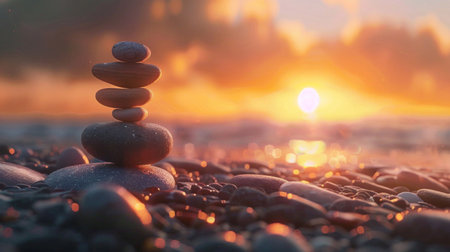 Zen-like balanced pebbles on a pebble beach, with a warm sunset creating a peaceful background.の素材