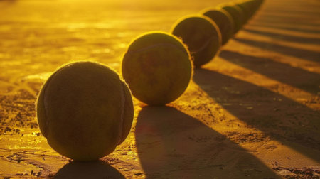 A diagonal line of tennis balls on a beach, creating an interesting perspective against the sunset light.の素材