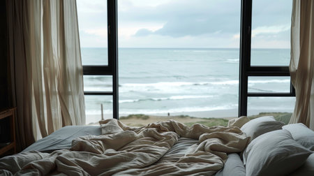 A tranquil beachfront bedroom with an expansive view of the ocean, inviting relaxation and comfort.の素材