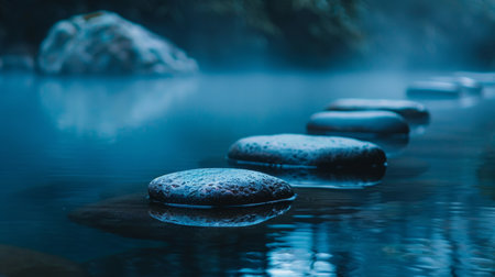 Smooth zen stones in a line over tranquil misty blue waters, evoking a sense of peace and balance.の素材