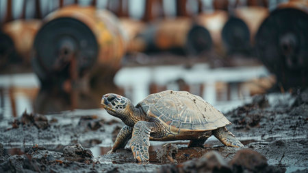A solitary sea turtle crawls on the beach with a backdrop of industrial barrels, suggesting environmental impact.の素材