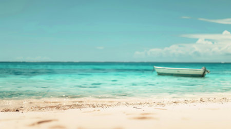 A dreamy tropical beach scene with a single boat on clear turquoise waters under a sunny sky.の素材