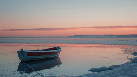 A serene frozen sunrise with a solitary boat on calm waters, reflecting a soft pink sky.の素材