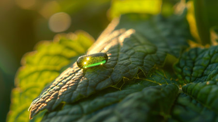 A single water drop rests on a green leaf, illuminated by the golden light of a setting sun.の素材