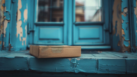 A lone package rests on a weathered blue window sill, highlighted by the storytelling textures of peeling paint.の素材