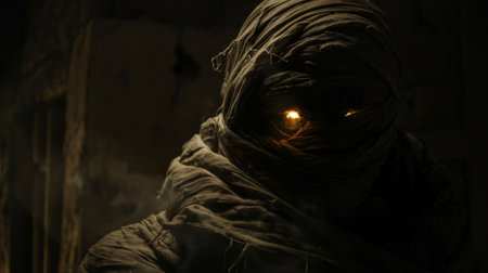 A mysterious figure shrouded in cloth with glowing eyes stands in the shadows, exuding a sense of intrigue.の素材