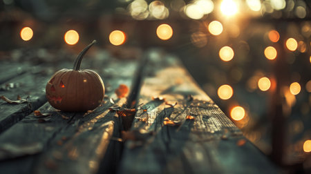 Carved pumpkin on a wooden surface, surrounded by the soft bokeh glow of warm lights, sets a Halloween mood.の素材
