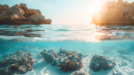 Sunlight filters through clear blue water, illuminating the coral reefs and tranquil underwater seascape.の素材