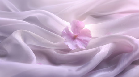 A delicate pink flower rests gently on a soft, flowing white textile, creating an image of pure elegance and softness.の素材