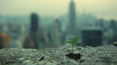 A symbol of growth and resilience, a young green plant sprouts from urban concrete against a blurred cityscape.の素材
