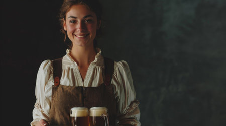 A cheerful young woman in traditional attire holding a tray with three glasses of beer, with a dark background.の素材