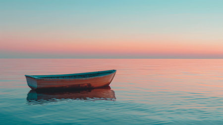 A single boat floats on mirror-like water under a pastel sunset sky, evoking peace and solitude.の素材