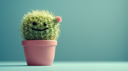 A cactus displaying a smiley face, planted in a pot, is the main subject of the photoの素材