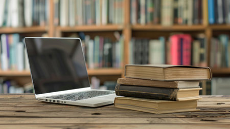 A laptop computer is placed on top of a wooden tableの素材